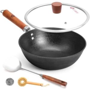 铸铁平底带盖木柄炒锅 70%OFF