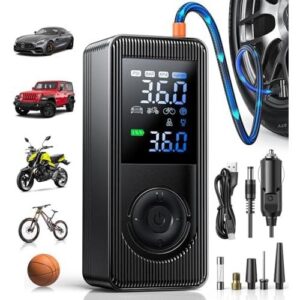 轮胎充气机便携式空气压缩机 - 150 PSI 4X 快速充气可充电电池和 12V 直流适配器供电气泵 50%OFF