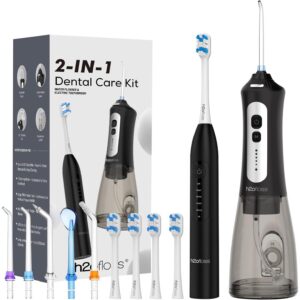 H2ofloss 声波电动牙刷和水牙线组合 带 300 毫升水箱、4 个刷头、5 个喷嘴、2 合 1 家庭和旅行(黑色) 2000mAh 2500mAh 2 in -54%