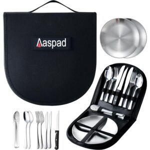 Aaspad 全尺寸不锈钢餐具和餐具套装便携式野餐餐具套装房车露营餐具盘子和餐具   -50%
