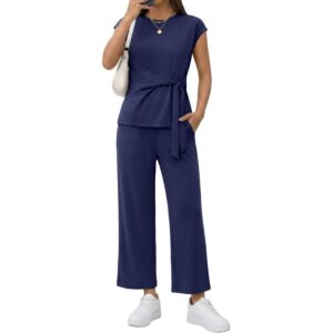 Casly Lamiit 女士两件套夏季机场旅行服装休息室套装教师服装短款阔腿裤套装海军蓝 XS -76%